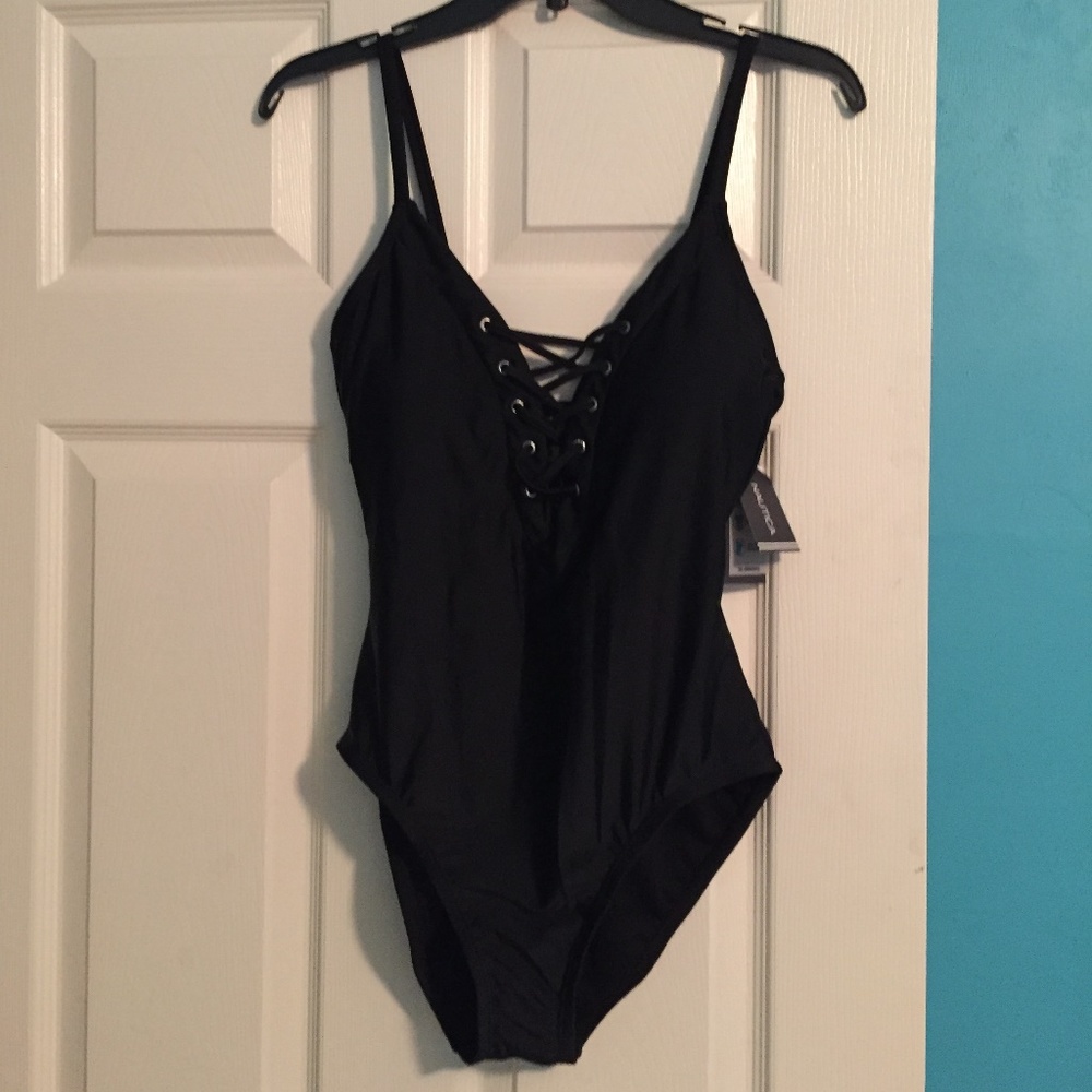 NWT Nautica One Piece Lace-Up Black Swimsuit Large